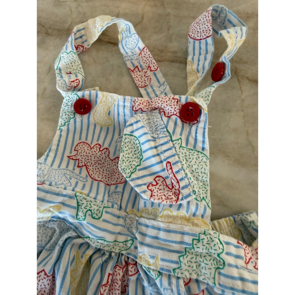 Vintage Baby Offspring Overalls 12 Months White Blue Striped Dinosaur Print - Picture 3 of 7